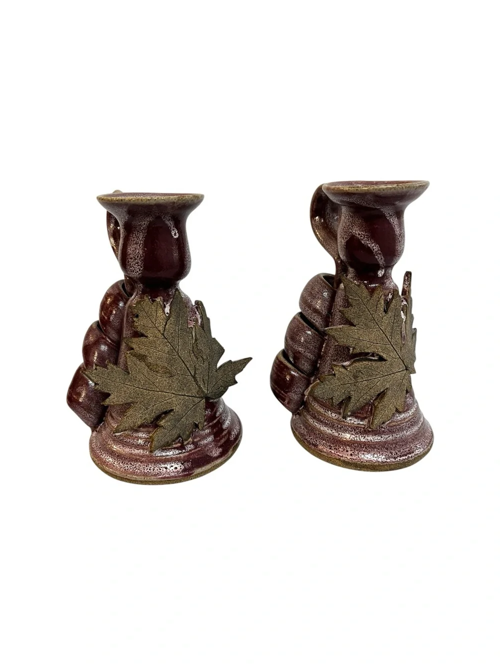 Pair Of Studio Pottery Taper Candlesticks 3D Maple Leaves Mulberry Purple Glaze